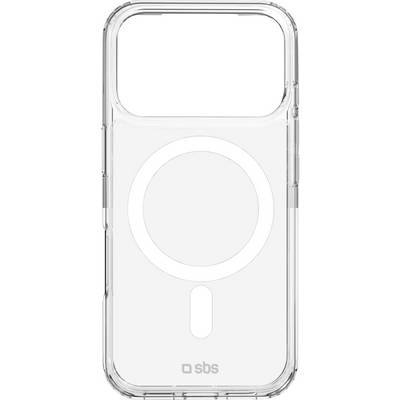 Un custodia trasparente per telefono con un design circolare MagSafe bianco e il logo 'sbs' in basso, adatta a proteggere uno smartphone.