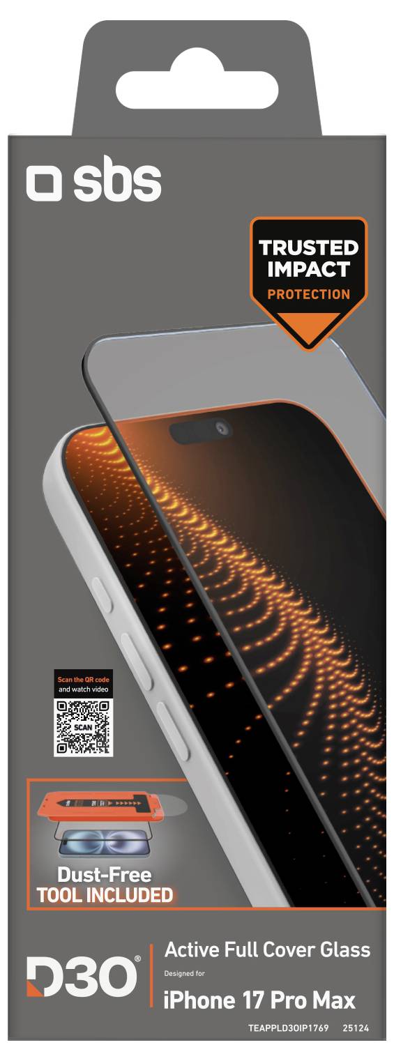 Packaging per 'SBS Active Full Cover Glass' per iPhone 17 Pro Max, con protezione antiurto affidabile e un utensile privo di polvere incluso.