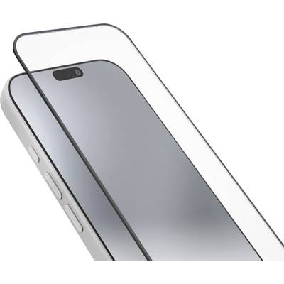 Un smartphone con un protettore di schermo in vetro parzialmente applicato, che mostra i tasti laterali del dispositivo e la fotocamera frontale.