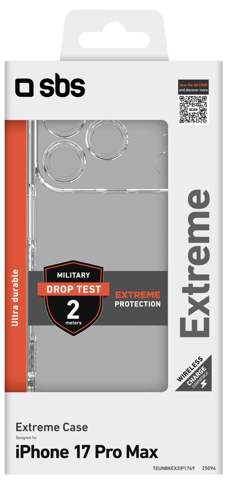 'Cover iPhone 17 Pro Max Extreme con protezione da caduta militare fino a 2 metri e compatibilità con ricarica wireless.'