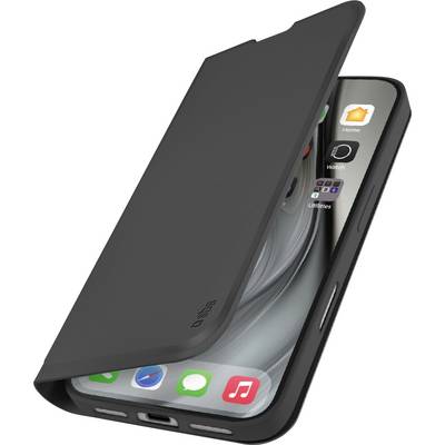 Un smartphone in una custodia nera a libro è parzialmente aperta, mostrando lo schermo del telefono con le icone delle app. La custodia copre la metà superiore del dispositivo.