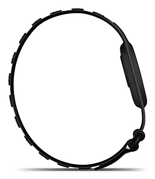 Un braccialetto nero circolare con un bordo esterno liscio e un componente rettangolare, che suggerisce un dispositivo indossabile minimista.