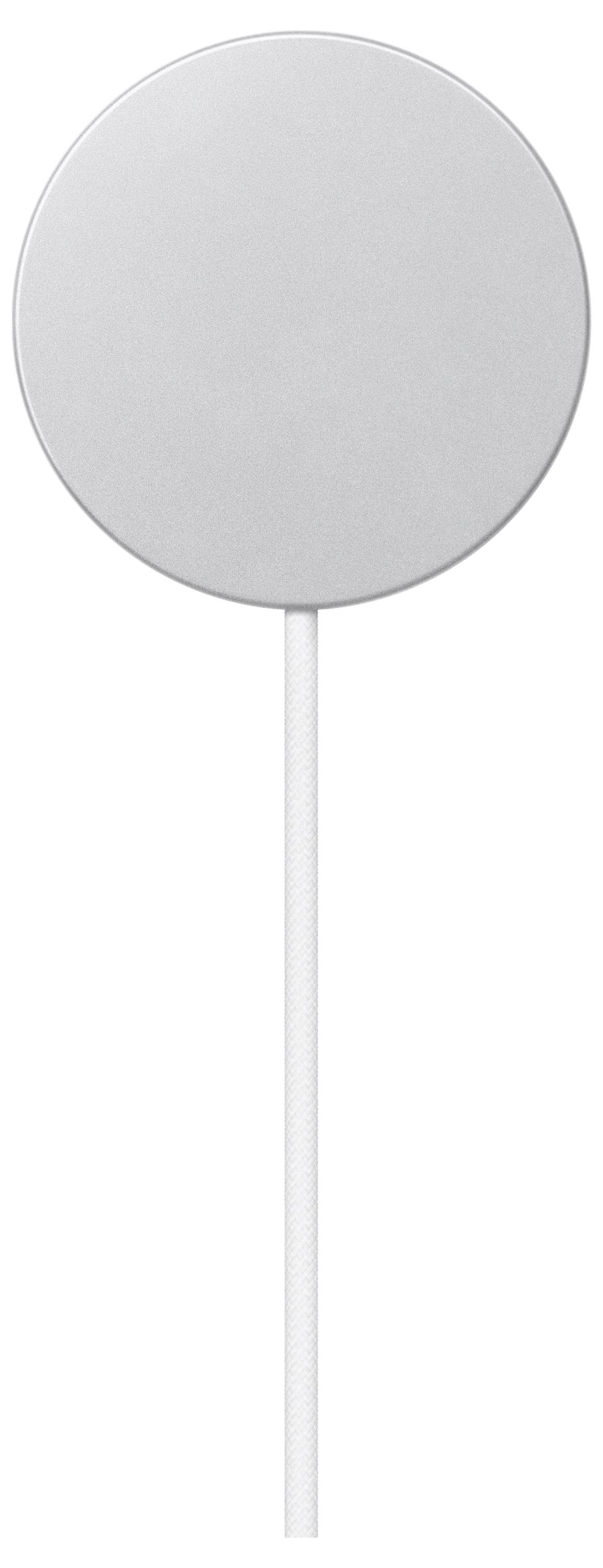 Un pad di ricarica wireless rotondo color argento con un cavo bianco attaccato in basso, ripreso frontalmente.