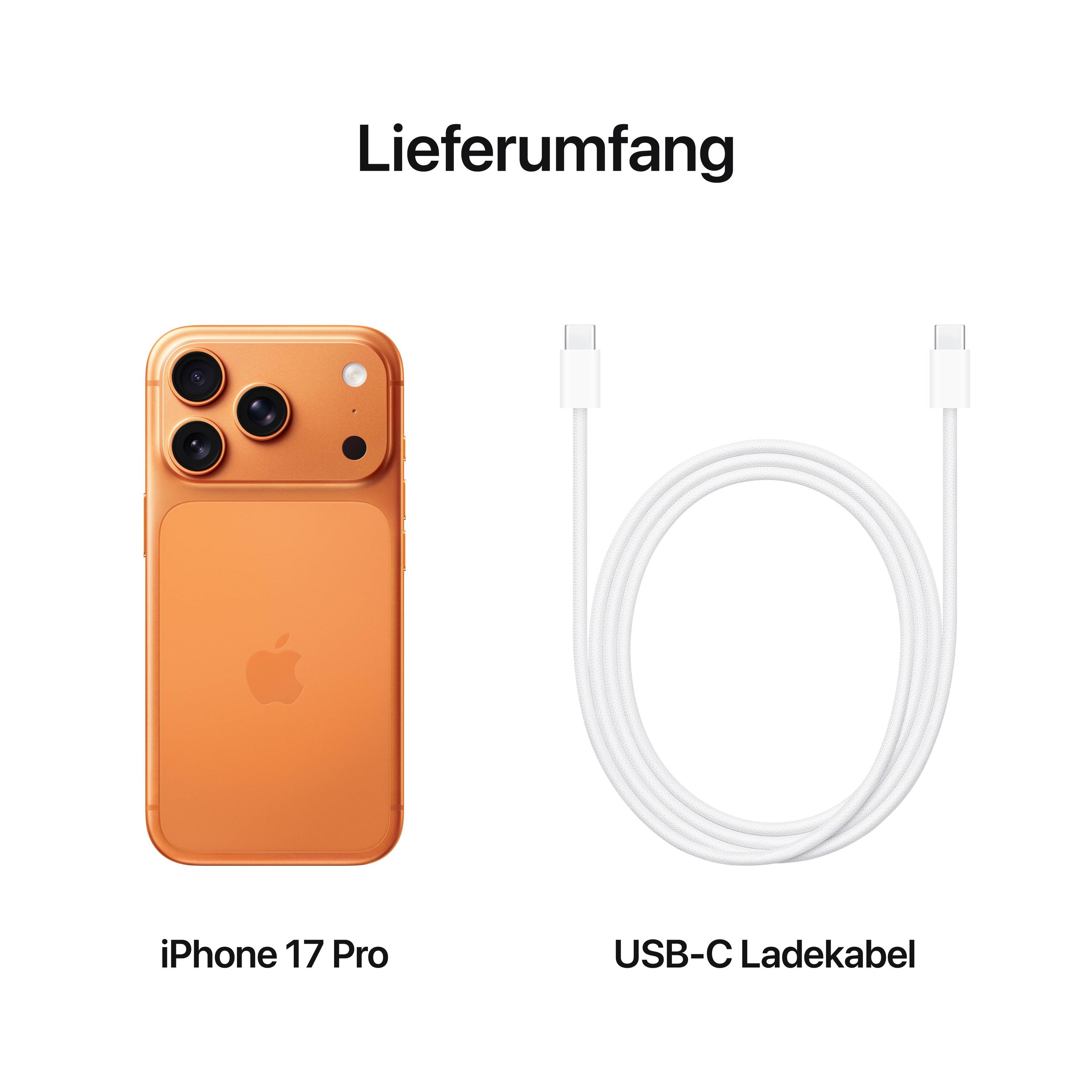Contenuto della confezione: Un iPhone 17 Pro color arancione e un cavo di ricarica USB-C.