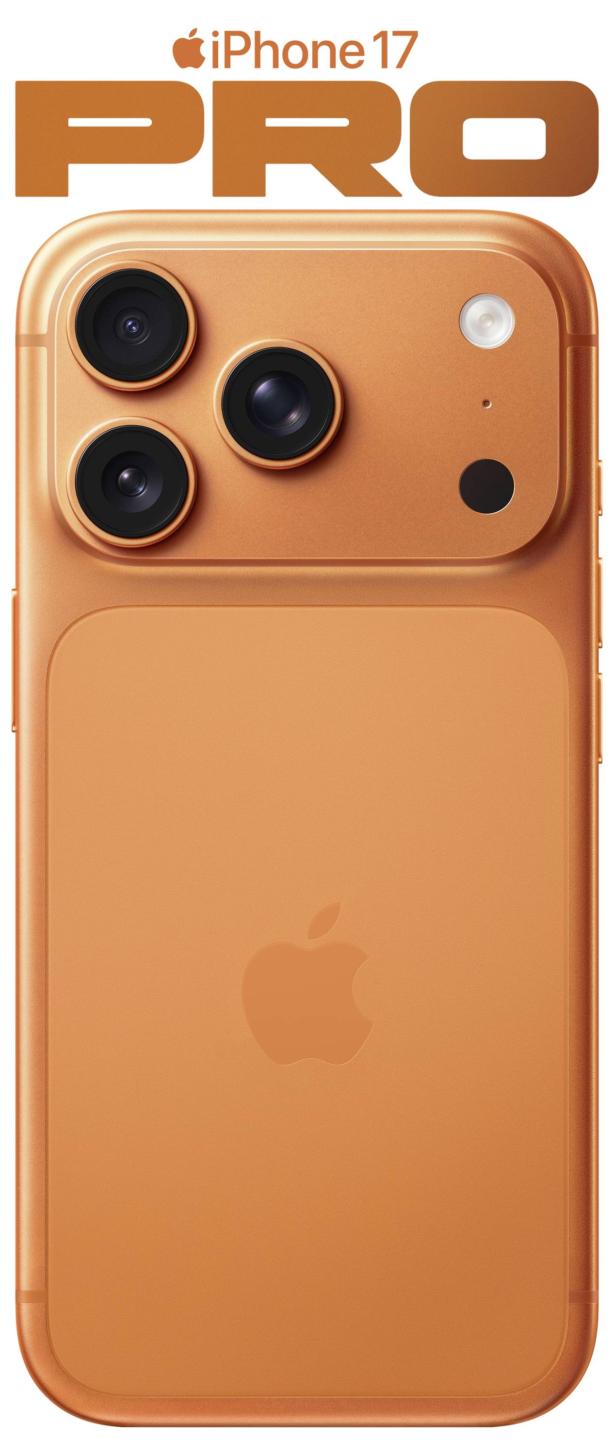 Un iPhone 17 Pro arancione con sistema di tre fotocamere e logo Apple è mostrato dal retro. Il testo in alto recita 'iPhone 17 Pro'.
