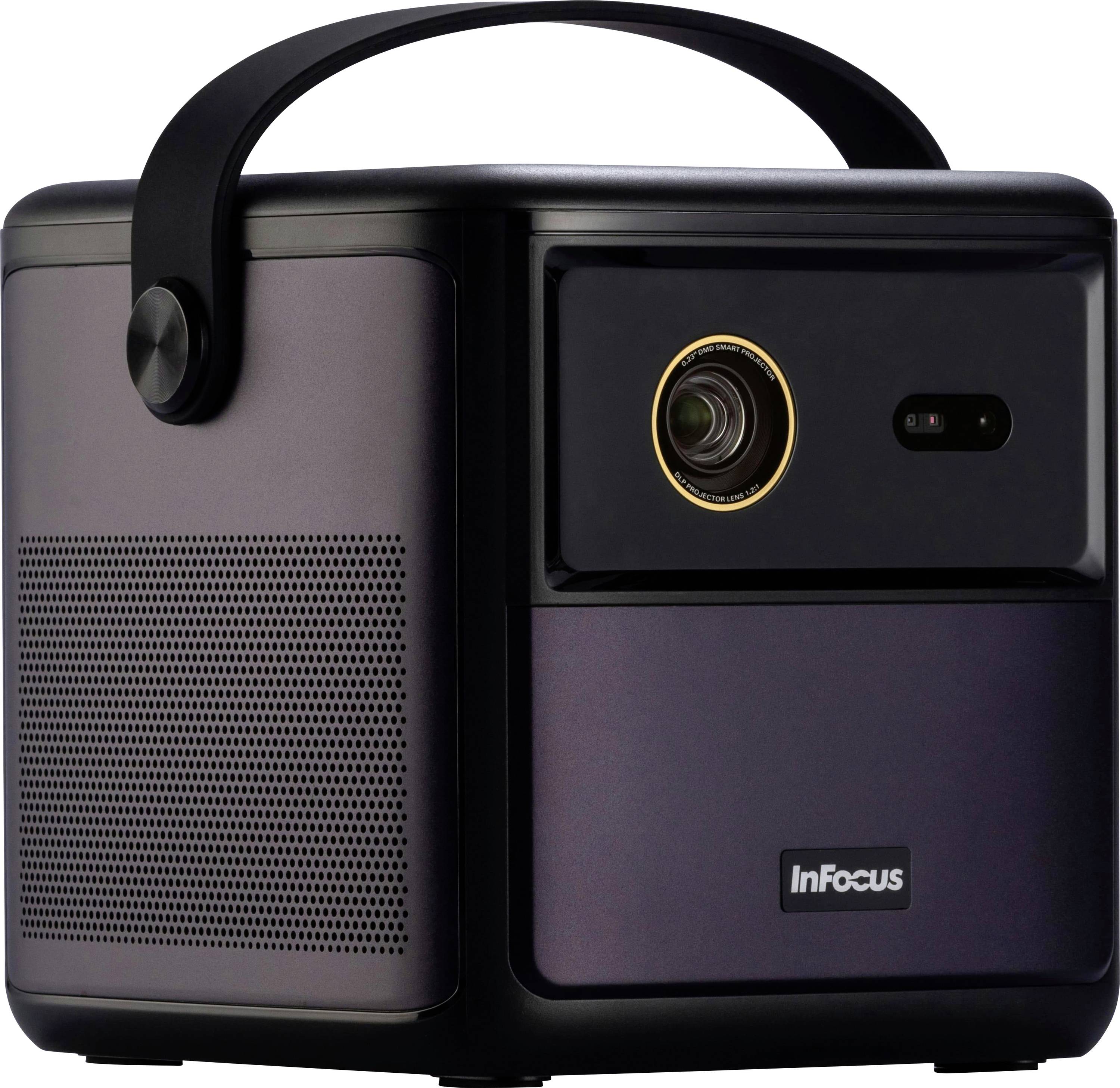 Un proiettore nero InFocus con una maniglia, un obiettivo prominente e una griglia per altoparlanti, progettato per un utilizzo portatile.