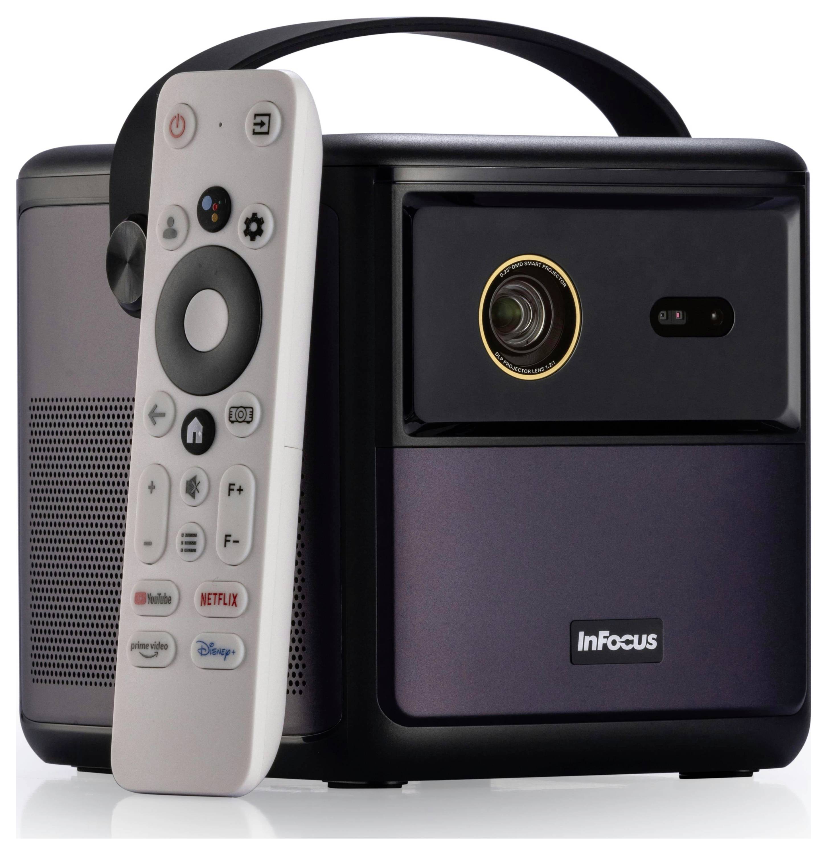 Un proiettore portatile InFocus con manico e telecomando, che mostra i pulsanti per Netflix, YouTube e Disney+.