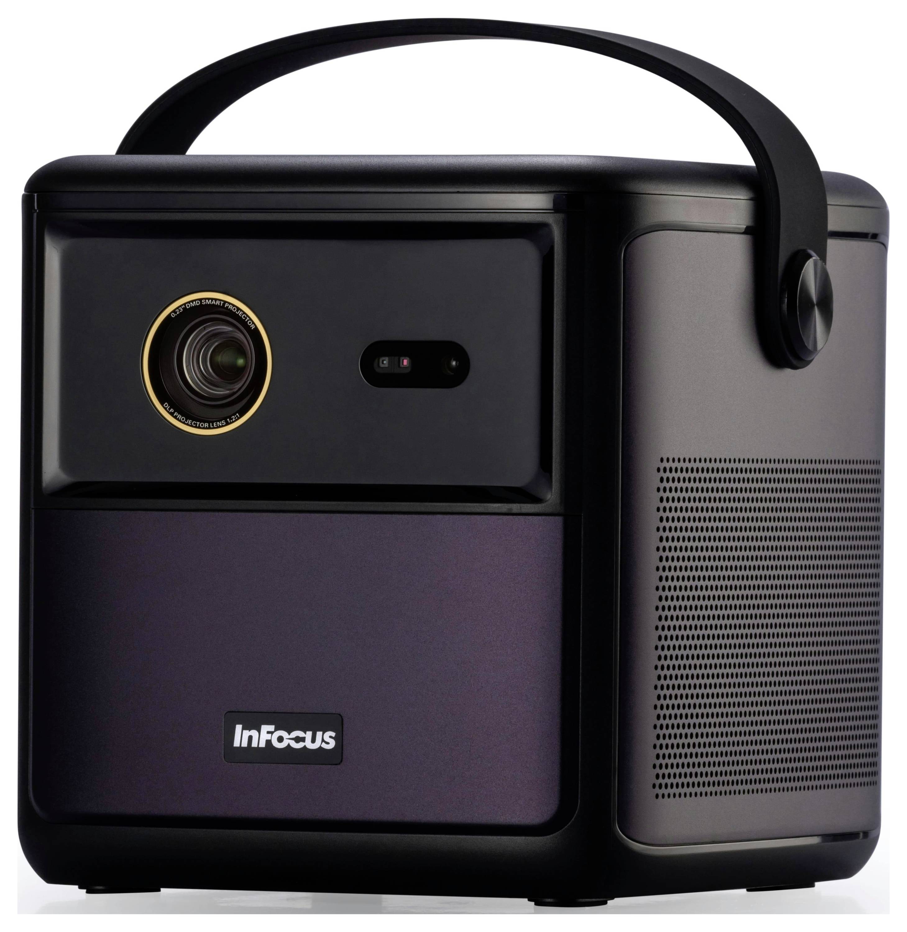 Proiettore nero portatile InFocus con manico per il trasporto e obiettivo visibile, progettato per un facile trasporto e presentazioni.