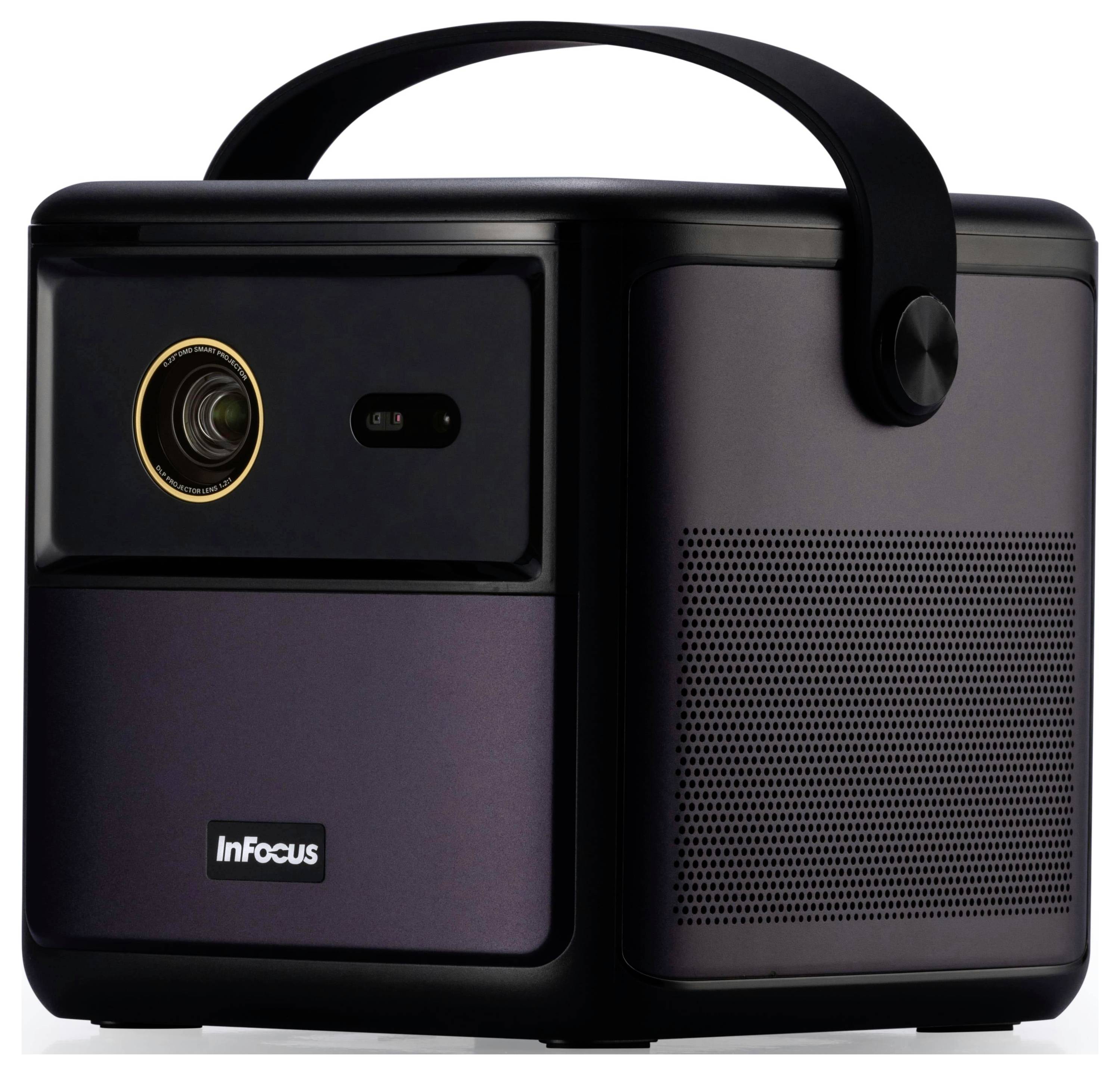 Proiettore portatile InFocus con manico per il trasporto e fessure per gli altoparlanti, che mostra un design elegante adatto a presentazioni mobili.