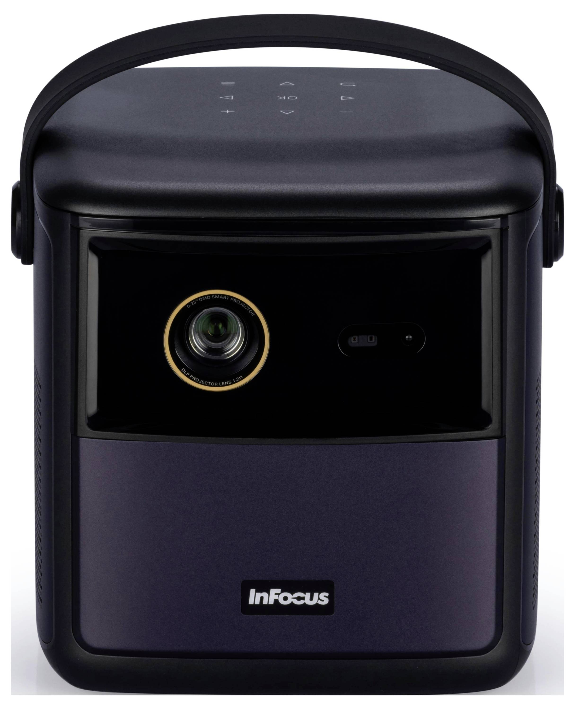 Un proiettore portatile compatto, nero, dotato di manico, con il logo 'InFocus' sul davanti, progettato per un trasporto e un utilizzo agevoli.