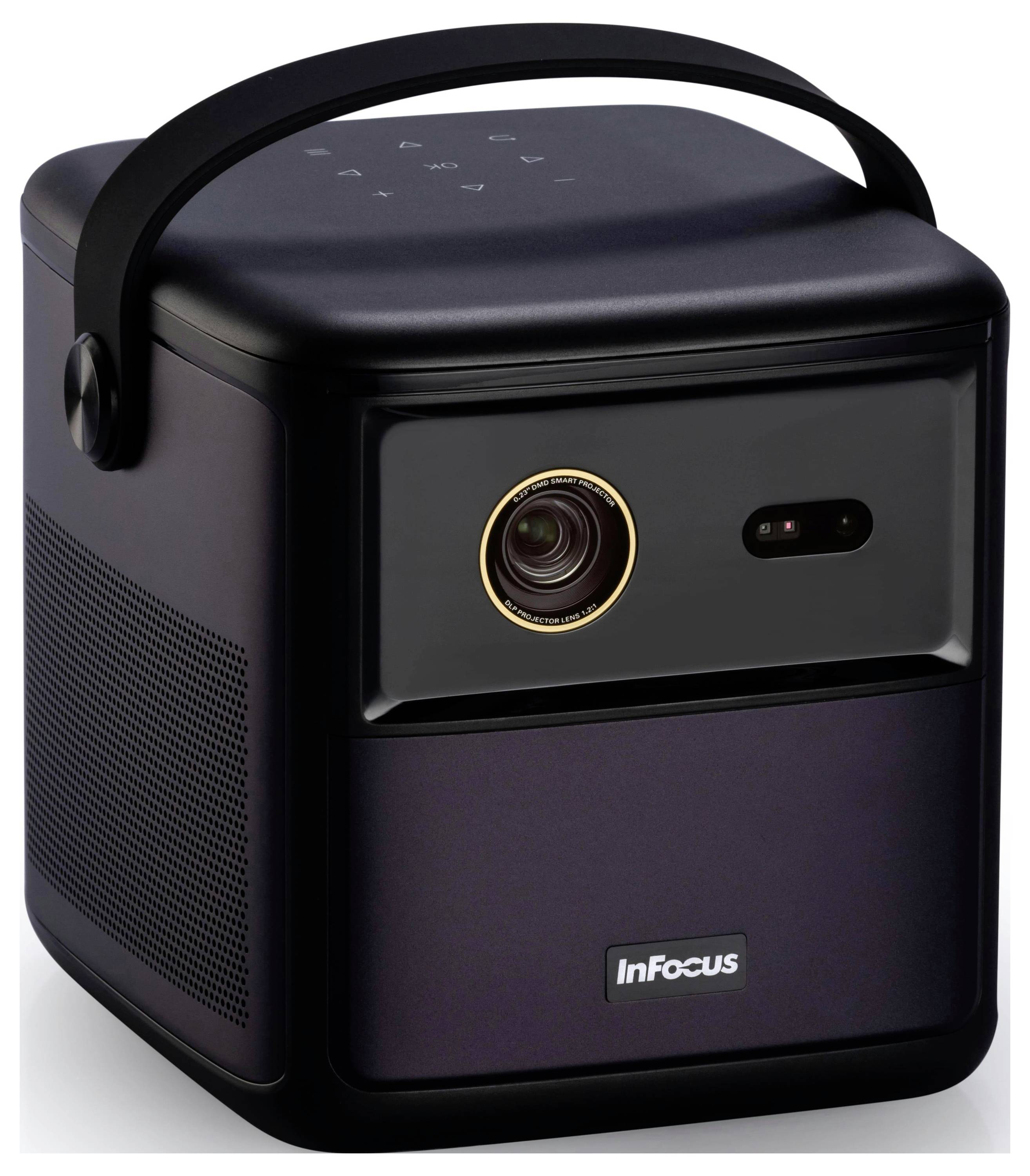 Un proiettore portatile nero InFocus con impugnatura per il trasporto, dotato di obiettivo e sensore sul frontale, progettato per presentazioni mobili.