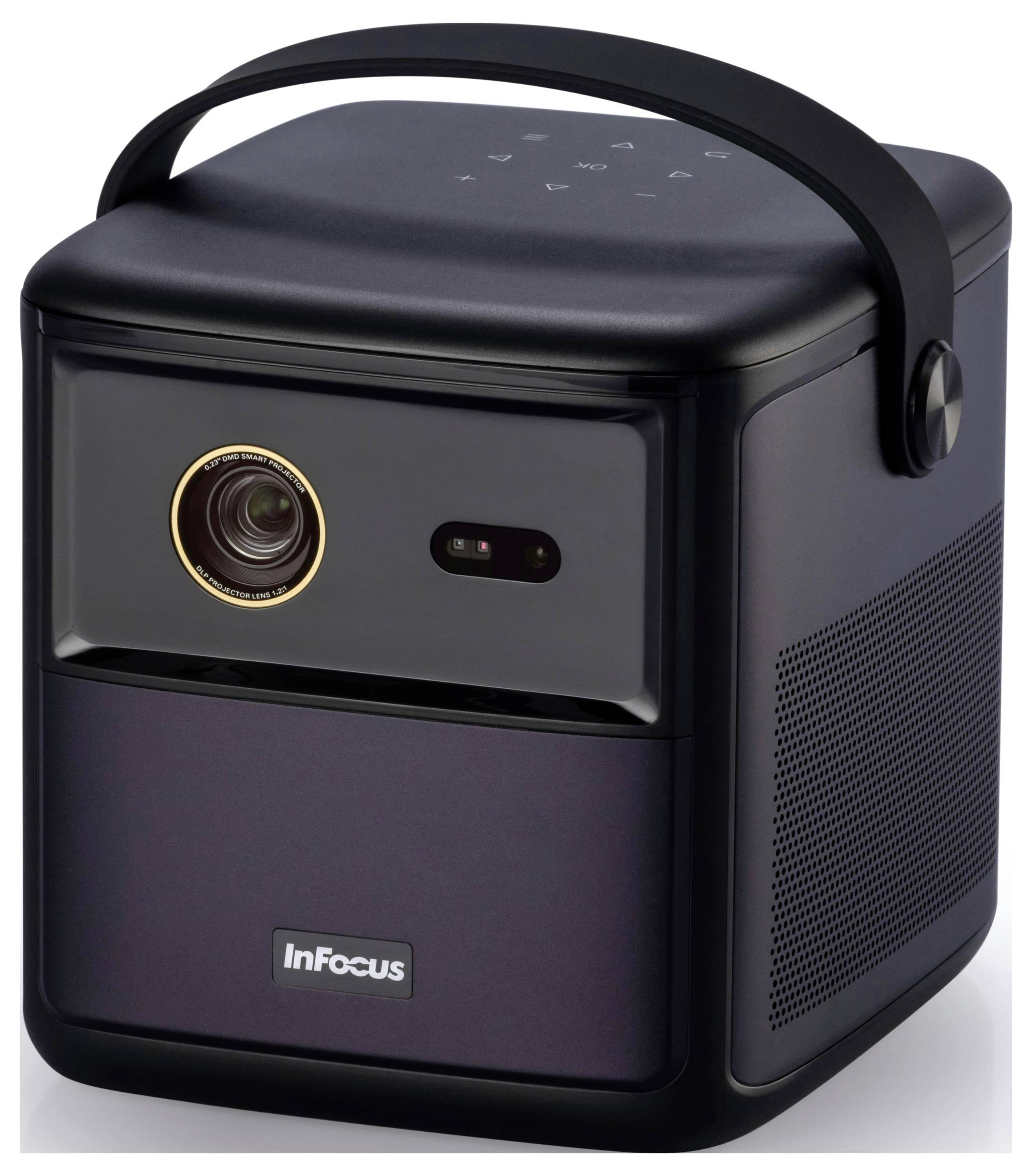 Un proiettore portatile compatto nero con obiettivo frontale, impugnatura sulla parte superiore e marchio 'InFocus', progettato per un trasporto e un utilizzo agevoli.