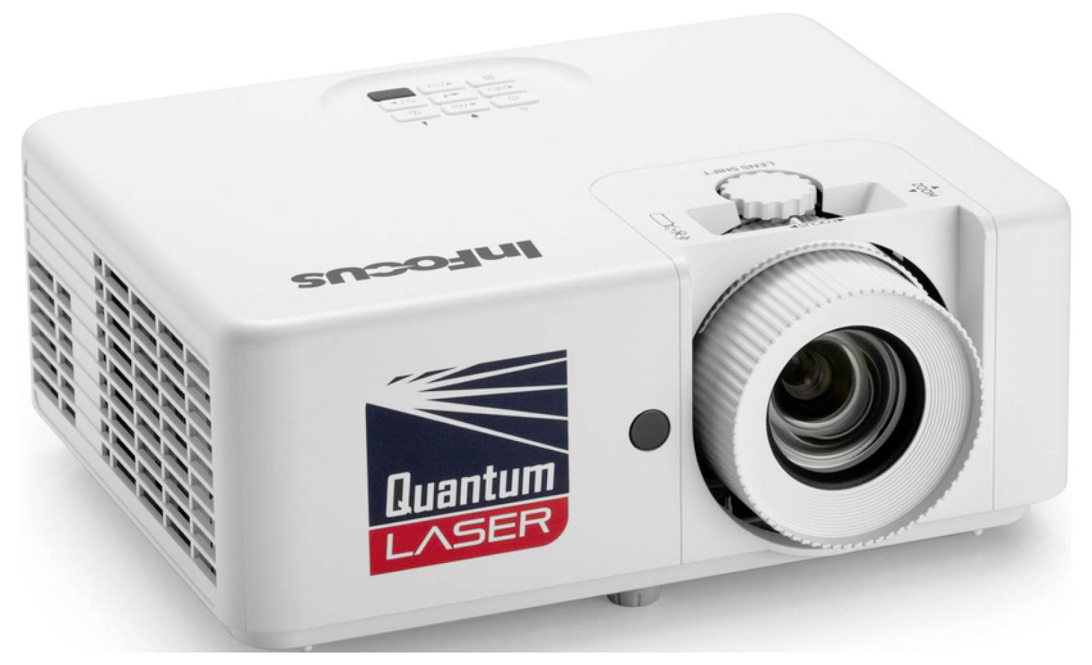 Proiettore compatto bianco con loghi 'InFocus' e 'Quantum Laser', dotato di un grande obiettivo e pulsanti di controllo sulla parte superiore.