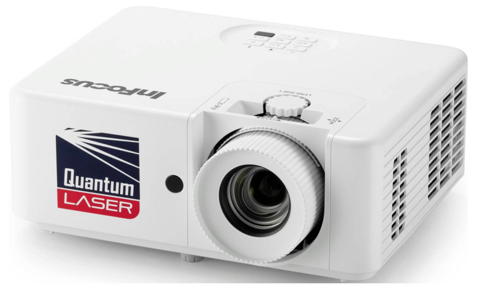 Un proiettore Impocus bianco con un obiettivo prominente e un'etichetta 'Quantum LASER', progettato per presentazioni professionali e display multimediali.