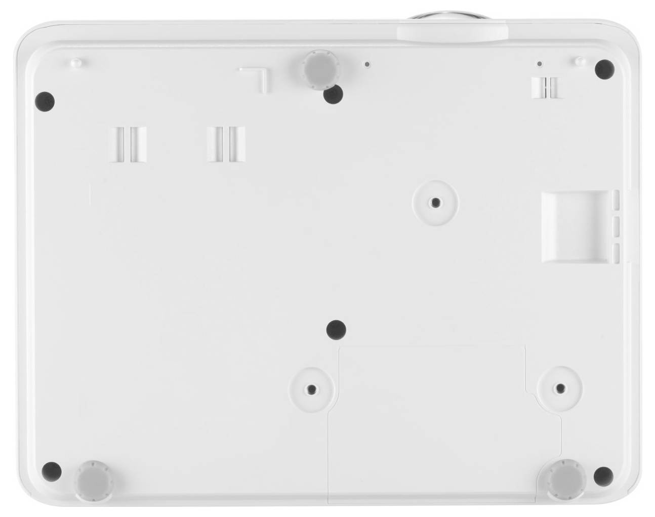 L'immagine mostra la vista dal basso di un dispositivo rettangolare bianco con piedini rotondi e diversi piccoli componenti sollevati.