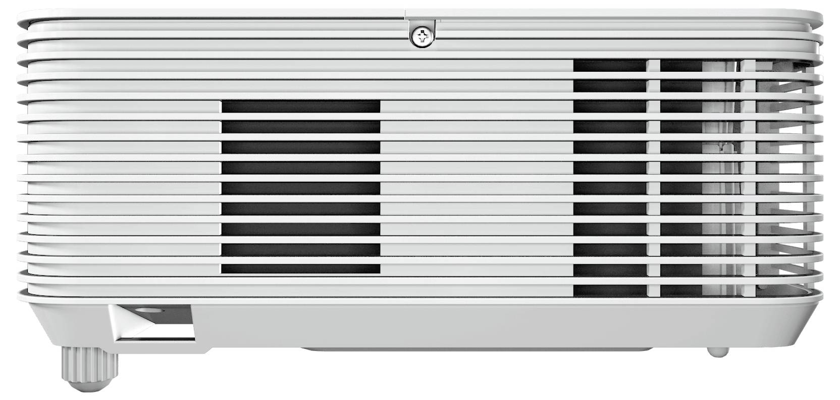 Un proiettore bianco, rettangolare, visto di lato, con fessure di ventilazione e un'apertura per l'obiettivo, progettato per la proiezione di immagini o video.