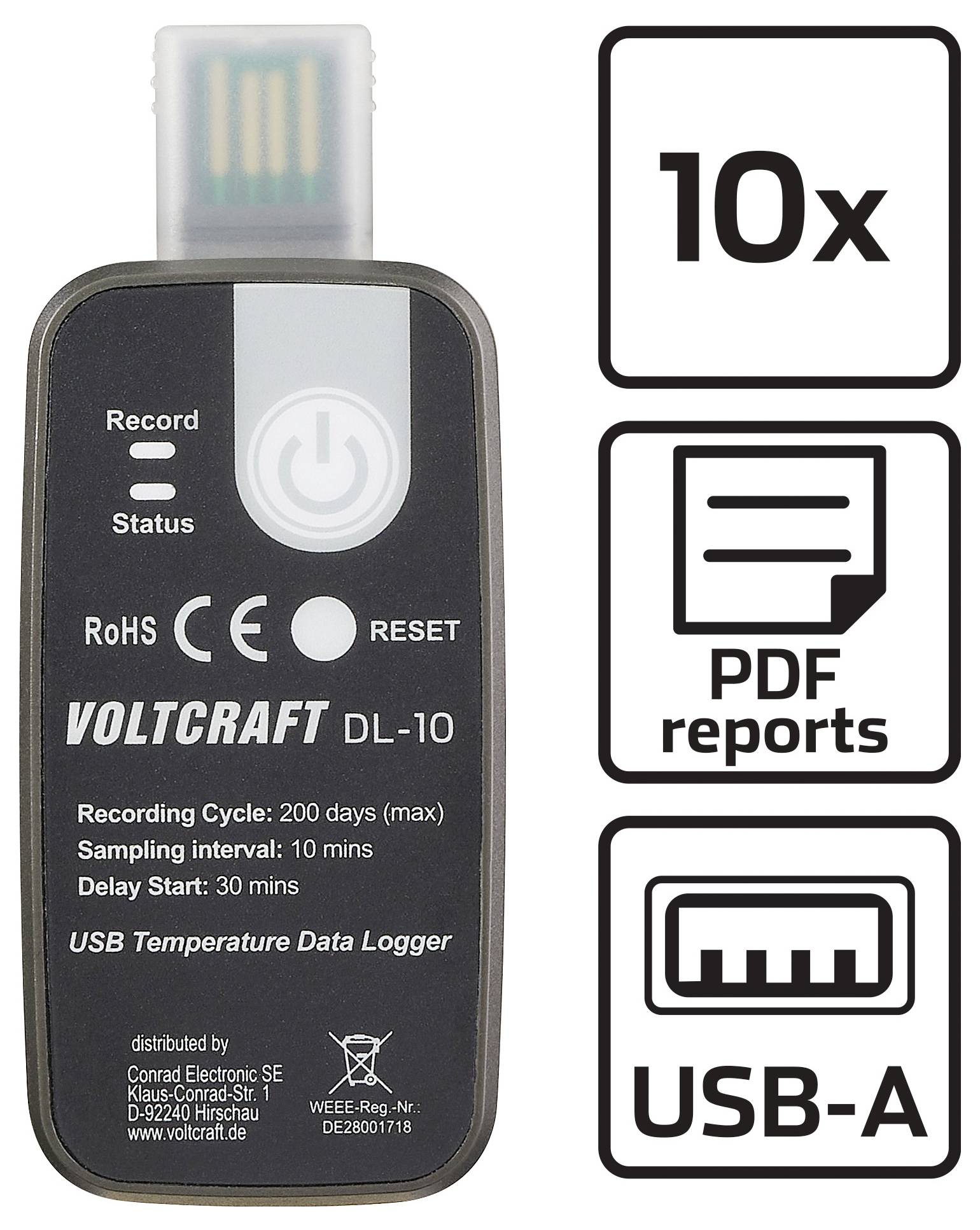'Voltcraft DL-10 Data Logger di temperatura USB con indicatori LED per registrazione e stato, ciclo massimo di 200 giorni, 10 rapporti PDF.'