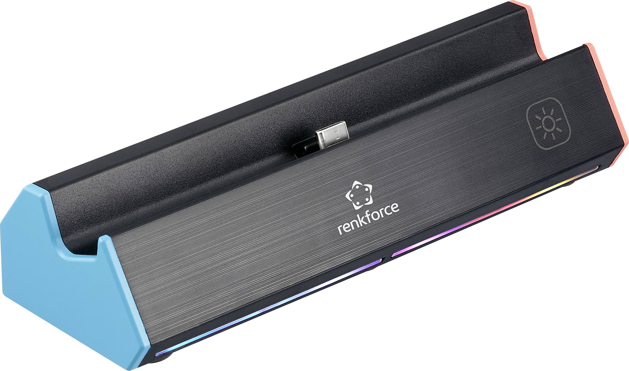 Una stazione di aggancio Renkforce con connettore USB-C, vista angolata, nera con accenti colorati.
