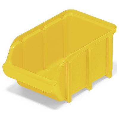 Un contenitore di stoccaggio in plastica gialla con parte anteriore aperta per un facile accesso agli oggetti conservati, comunemente utilizzato per organizzare piccole parti o utensili.