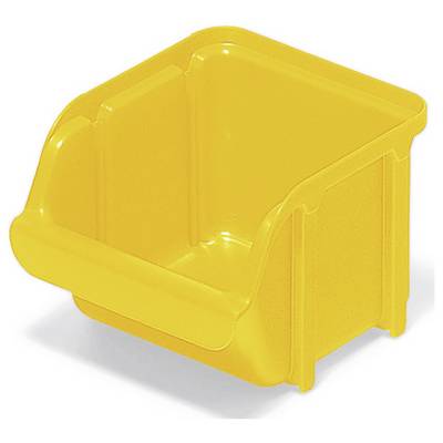 Un contenitore di stoccaggio in plastica gialla con un design frontale inclinato per un facile accesso, adatto all'organizzazione e all'archiviazione di piccoli oggetti.