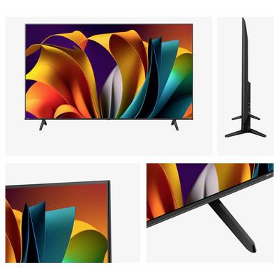 Un televisore piatto moderno con un design astratto colorato sullo schermo è mostrato da vista frontale, laterale e angolata, evidenziando il suo profilo sottile e il supporto elegante.