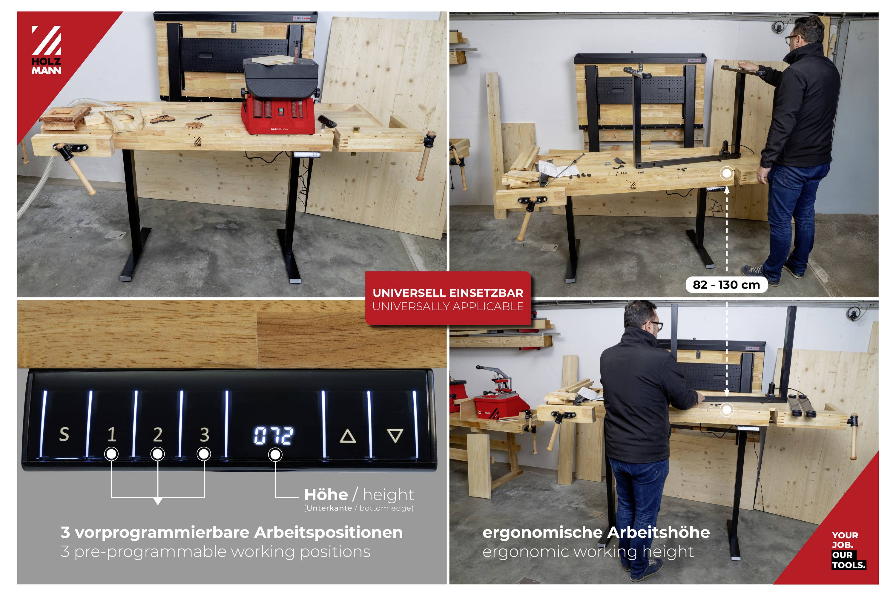 Configurazione dell'officina con attrezzi e attrezzature. Focus su un tavolo regolabile che mostra 3 altezze pre-programmabili. Dotato di display digitale.