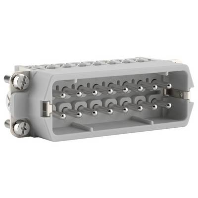Un connettore elettrico grigio con più pin metallici disposti in file, circondato da un involucro rettangolare in plastica, è mostrato.