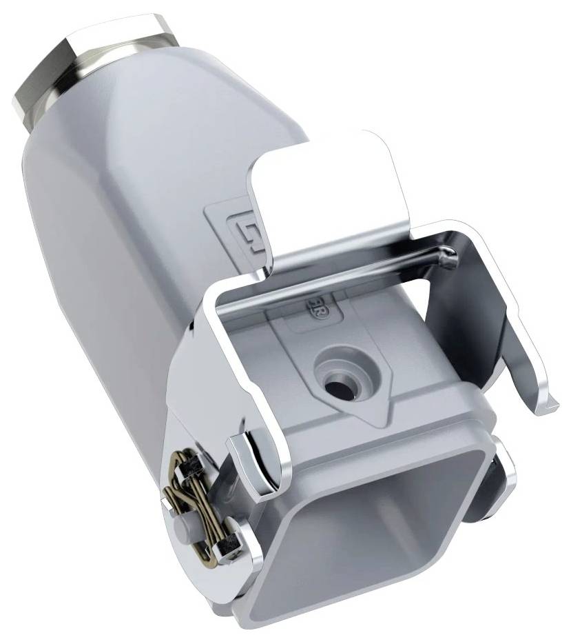 Un connettore industriale metallico con base rettangolare e un fermo di sicurezza, progettato per applicazioni gravose nei sistemi di automazione.