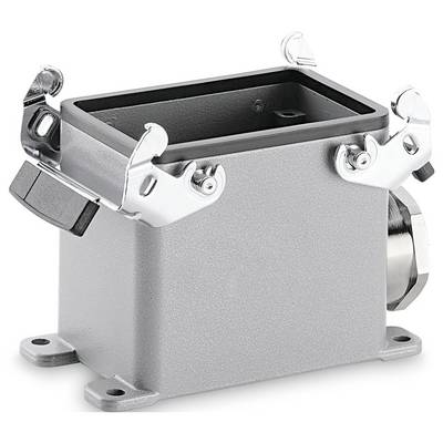 Un alloggiamento per connettore industriale rettangolare in metallo grigio con coperchio incernierato e morsetti sui lati, montato su una base.