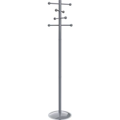 Un appendiabiti alto, grigio, indipendente, con ganci rotondi alle estremità a diverse altezze, progettato per appendere cappotti e accessori.