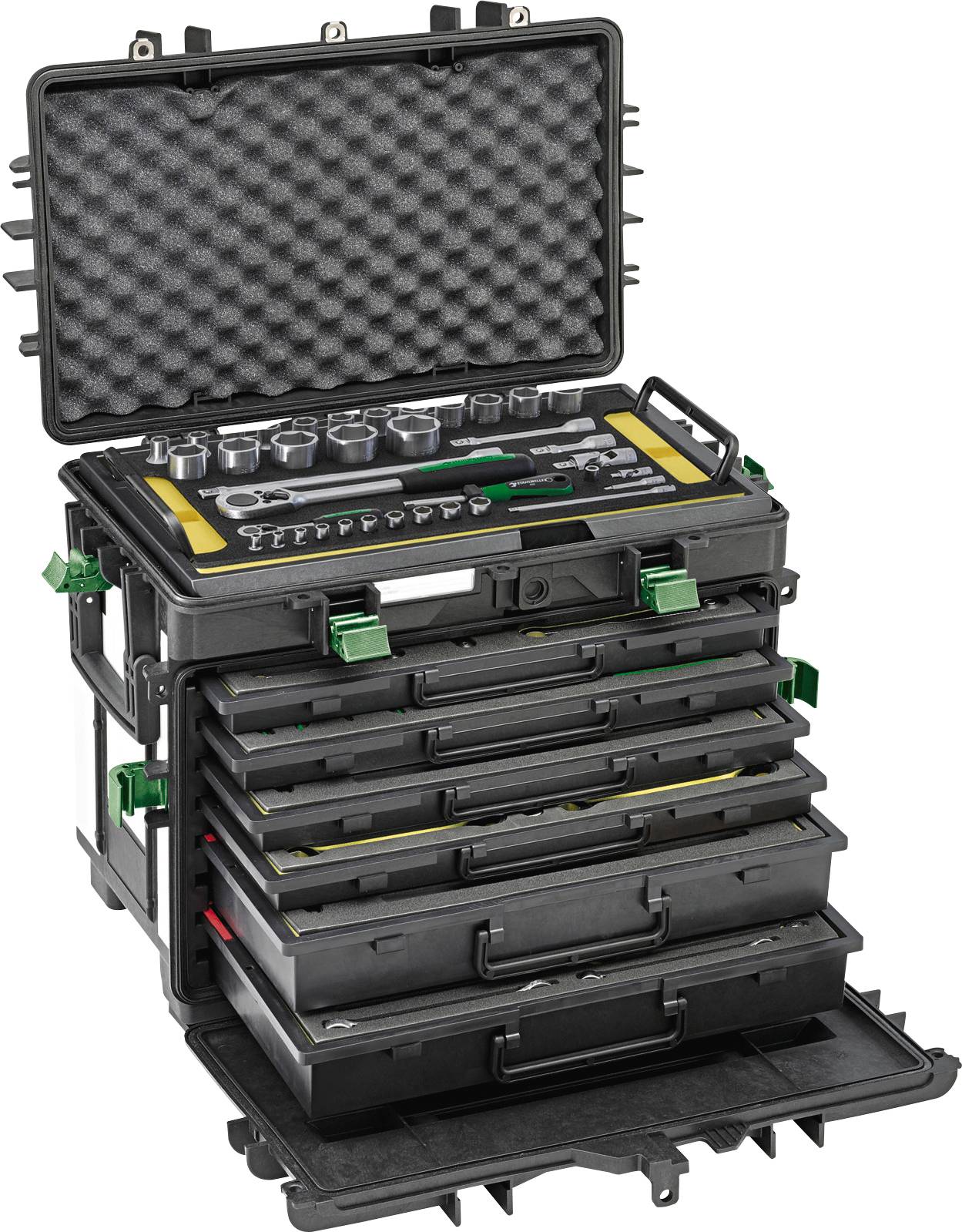 Uno stack di custodie nere per attrezzi con sei cassetti e un coperchio rivestito di schiuma. Il cassetto superiore è aperto, mostrando attrezzi assortiti.