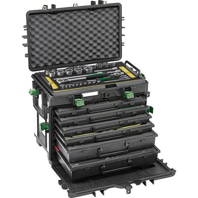 Uno stack di custodie nere per attrezzi con sei cassetti e un coperchio rivestito di schiuma. Il cassetto superiore è aperto, mostrando attrezzi assortiti.