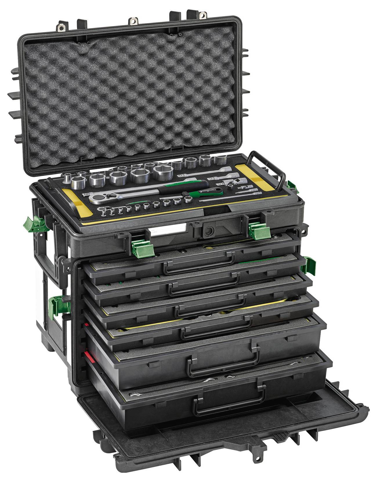 Un cassettiera multiuso per attrezzi con vari strumenti inclusi chiavi e bussole, organizzati in vassoi aperti, progettata per un facile accesso e trasportabilità.