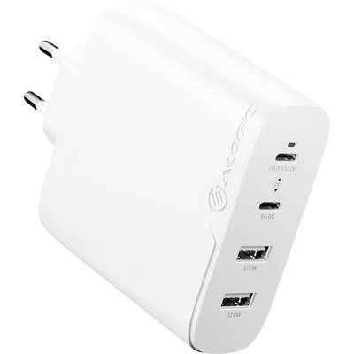 Un adattatore di alimentazione bianco con due porte USB-A etichettate '12.0W' e una porta USB-C etichettata '65.0-20.0V'. Spine per un'presa a due pin.