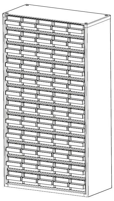 Armadio di stoccaggio alto e rettangolare con numerosi cassetti di piccole dimensioni, disposti in una griglia ordinata. Ogni cassetto è dotato di un'etichetta per un'identificazione rapida e semplice.
