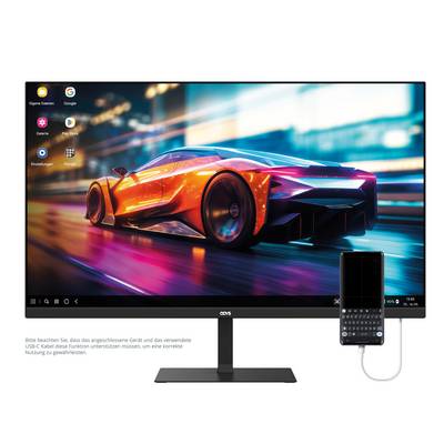 Un monitor del computer mostra un'immagine vivida di un'auto sportiva arancione su una pista futuristica. Uno smartphone collegato sotto mostra uno schermo speculare.