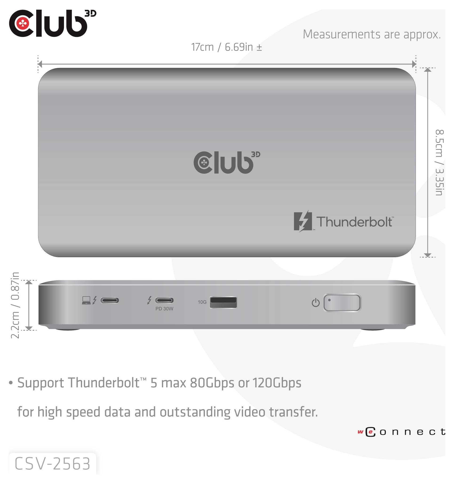 'Stazione di docking Club 3D Thunderbolt 5 con porte multiple per il trasferimento dati e video ad alta velocità. Dimensioni approssimative: 17cm x 8,5cm x 2,2cm.'