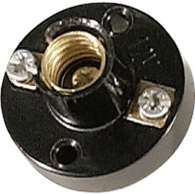 Un portalampada rotondo, nero, con interno in ottone e due viti per il montaggio.