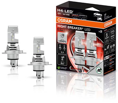Confezione di lampadine LED OSRAM Night Breaker H4 con due lampadine LED visibili. Caratteristiche: +450% di luminosità, garanzia di 5 anni, icona auto.