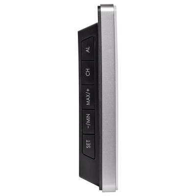 Vista laterale di un telecomando sottile nero e argento con quattro pulsanti etichettati: 'AL', 'CH', 'MAX/+', e 'SET/–MIN'.