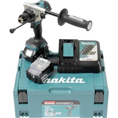Trapano cordless Makita con pacco batteria e caricabatterie, esposto su una valigetta per attrezzi. Il trapano è dotato di un'impugnatura laterale per la stabilità.