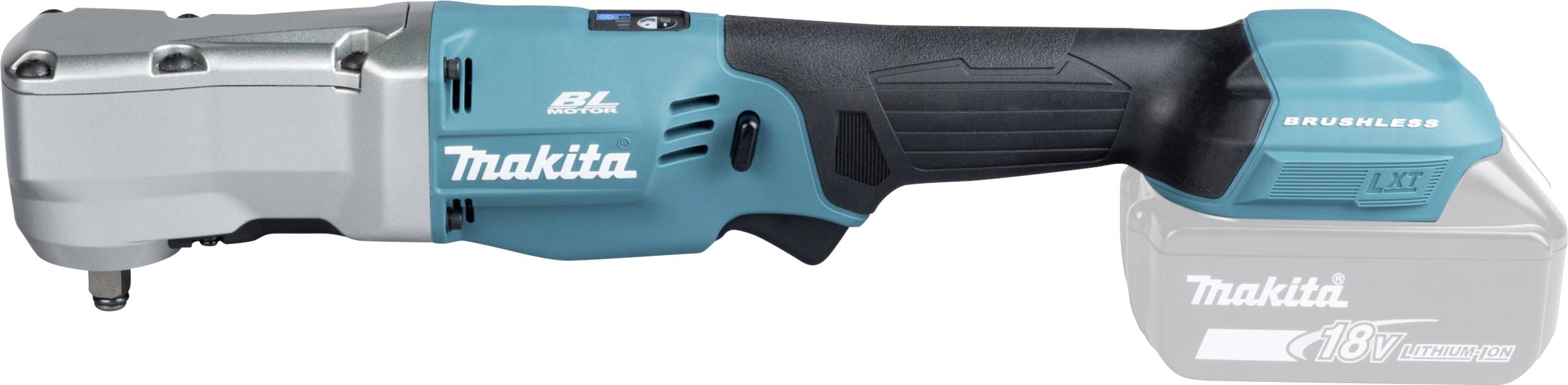 Un avvitatore angolare Makita senza fili blu e grigio con etichetta 'Brushless 18V', caratterizzato da un design compatto per spazi ristretti.