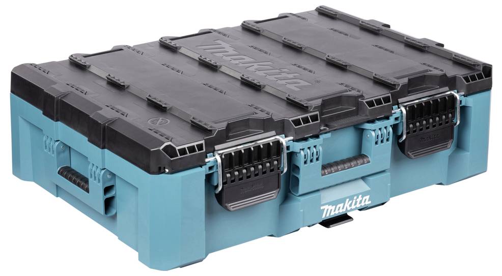 Un astuccio Makita turchese e nero con chiusure sicure, maniglie e il logo Makita sulla parte anteriore.
