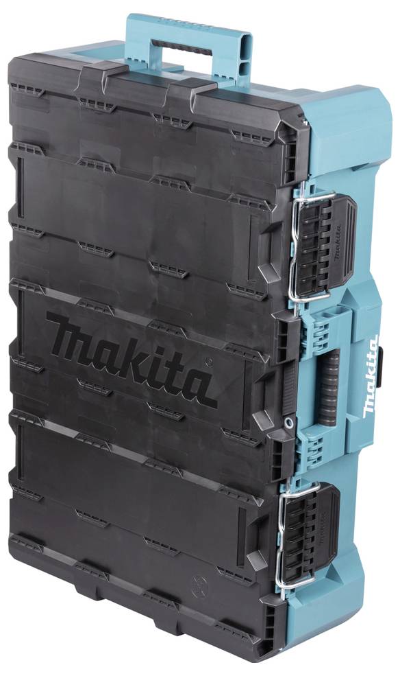 Una scatola di stoccaggio per attrezzi Makita nera e blu-verde con chiusure e un'impugnatura sulla parte superiore.