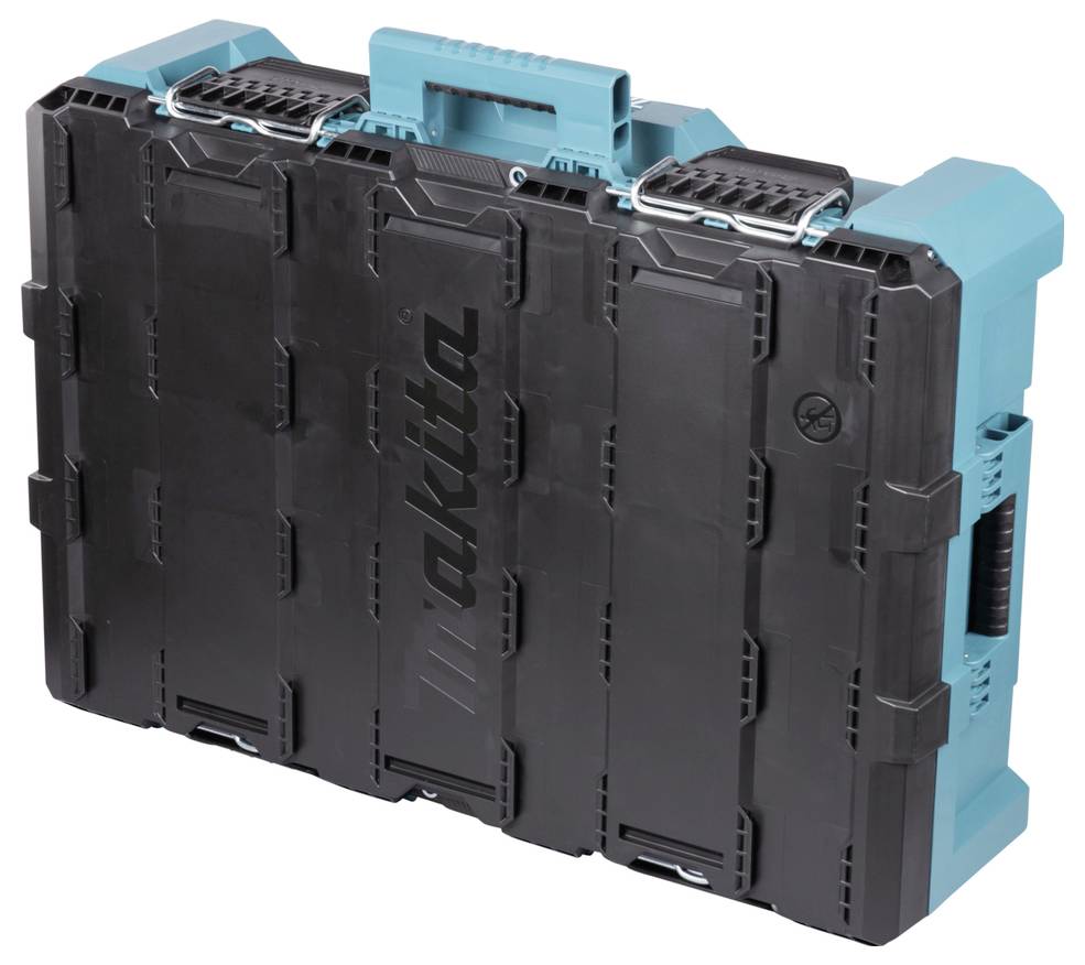 Una cassetta di attrezzi Makita nera e teal con superficie strutturata, cerniere e maniglia, progettata per lo stoccaggio sicuro e il trasporto portatile.