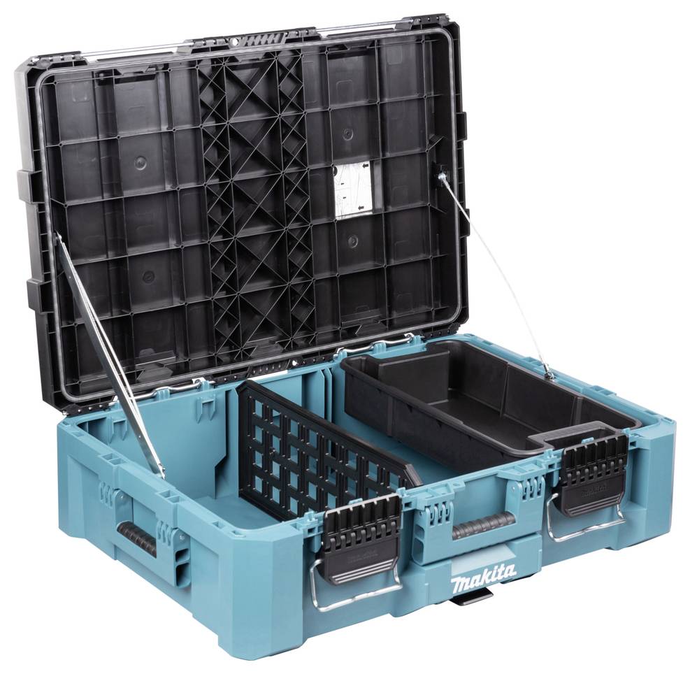 Un caso aperto di utensili Makita con scomparti e organizzatori per riporre attrezzi, mostrato in piedi su una superficie con il coperchio aperto, che rivela lo spazio di archiviazione interno.