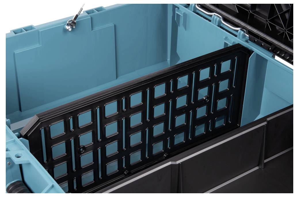 'Interno di un contenitore di stoccaggio color teal con un divisore a griglia nera al centro, che mostra scomparti per lo stoccaggio organizzato.'
