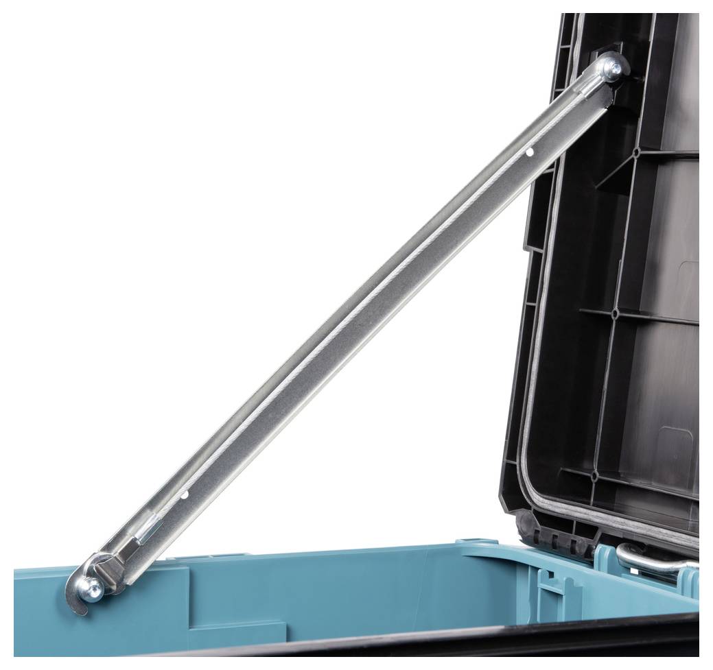 Una barra di metallo sostiene il coperchio aperto di una scatola di stoccaggio blu e nera, mostrando il suo meccanismo di cerniera.