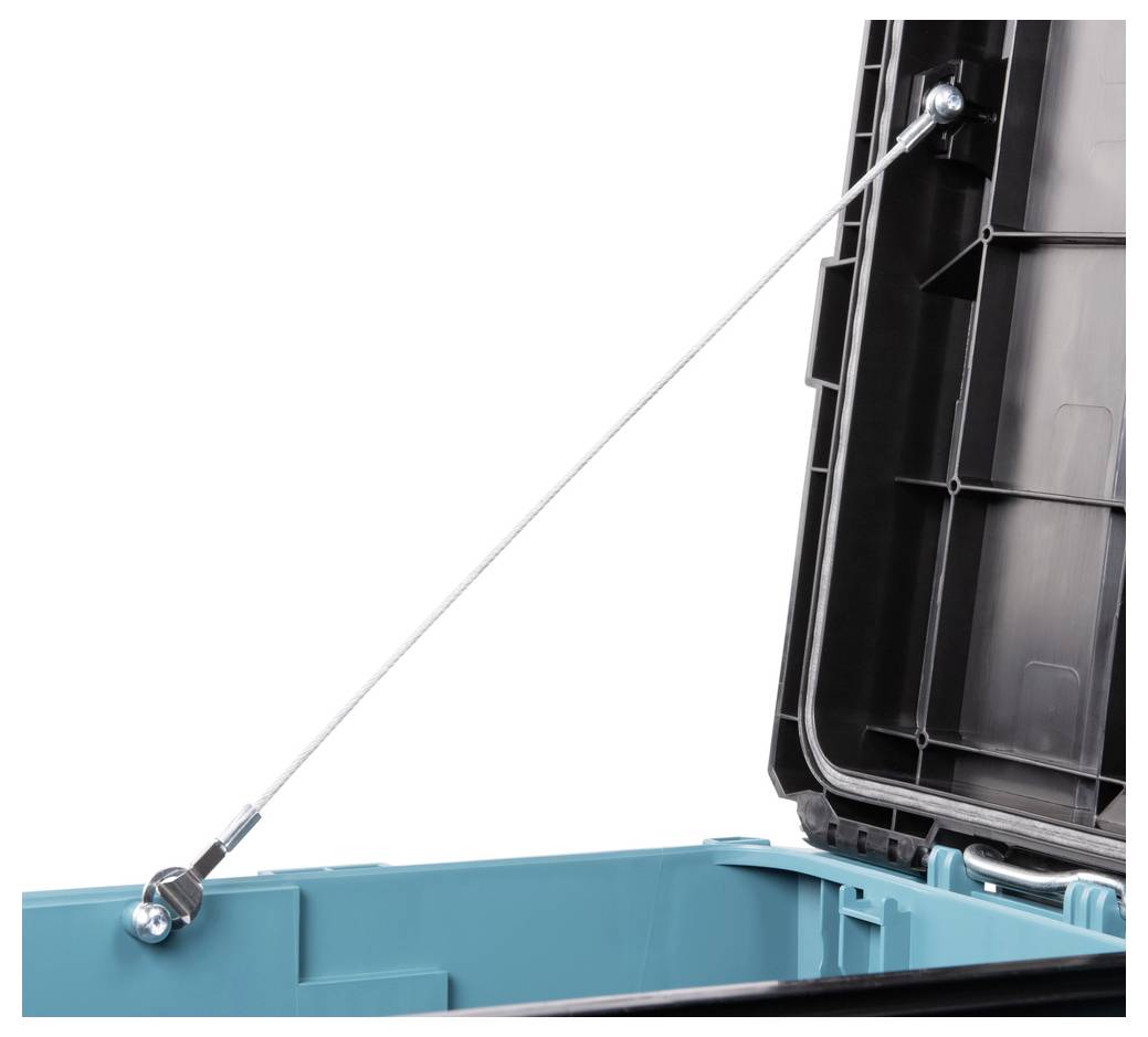 Una scatola di stoccaggio con una cerniera a cavo che mantiene il coperchio aperto. L'interno è turchese e il coperchio è nero con un design texture.