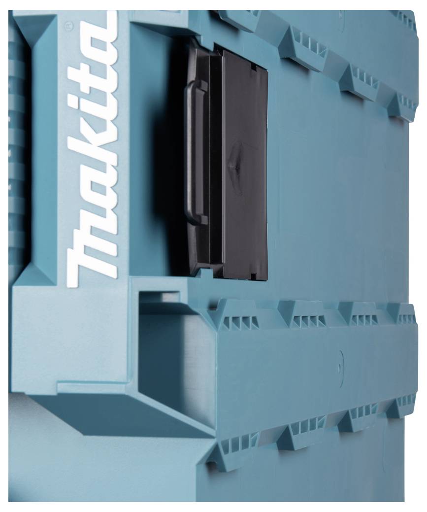 Una scatola degli attrezzi Makita di colore teal con un grande manico nero e un logo prominente sul lato.